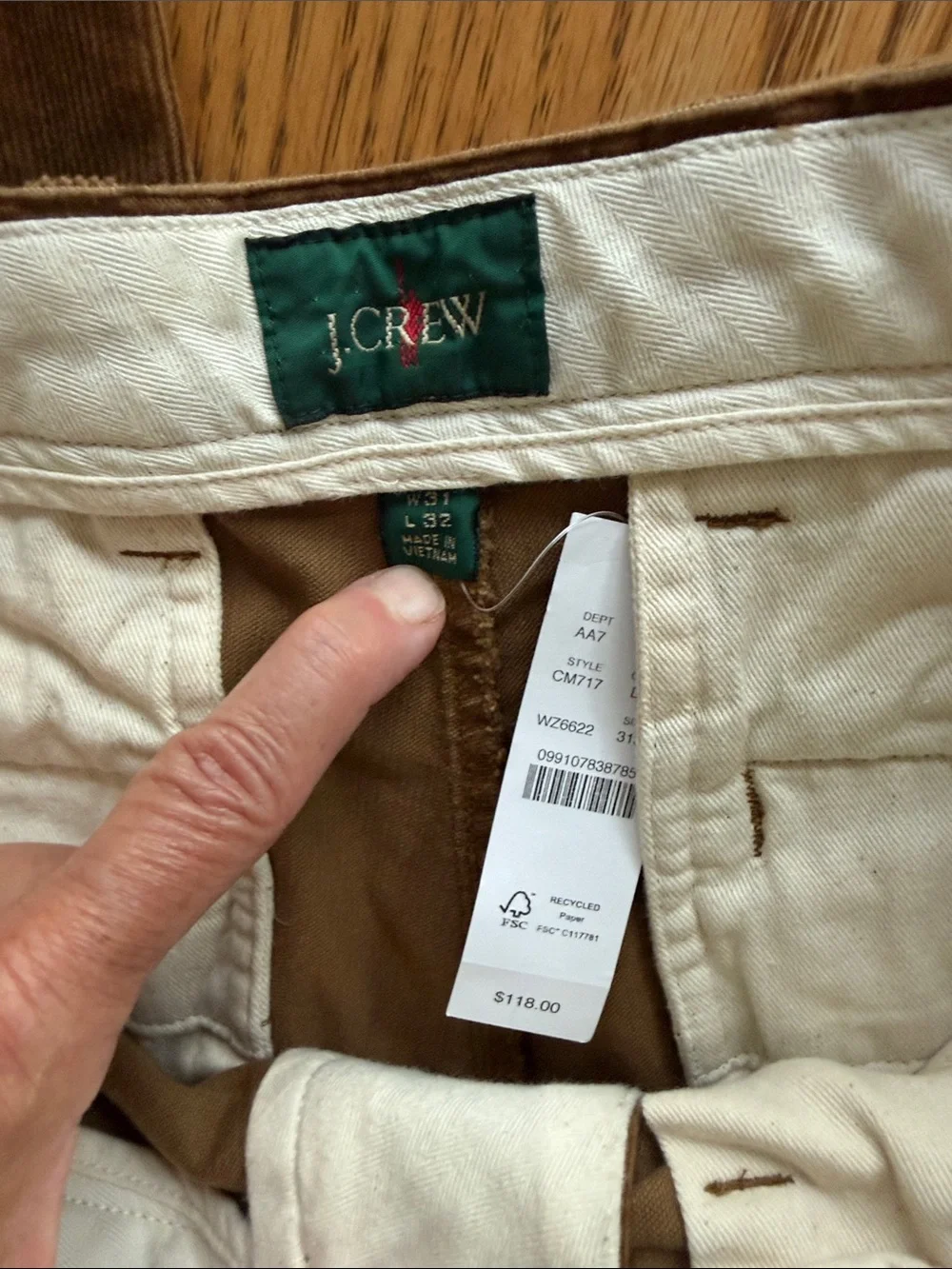 J. Crew Men's Chino Pants in Off-White with Brown Trim